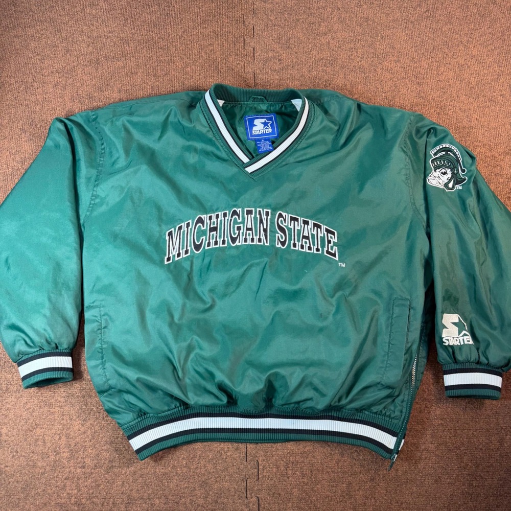 Starter Michigan State Spartans Windbreaker Mens XL V-Neck Pullover Green Jacket